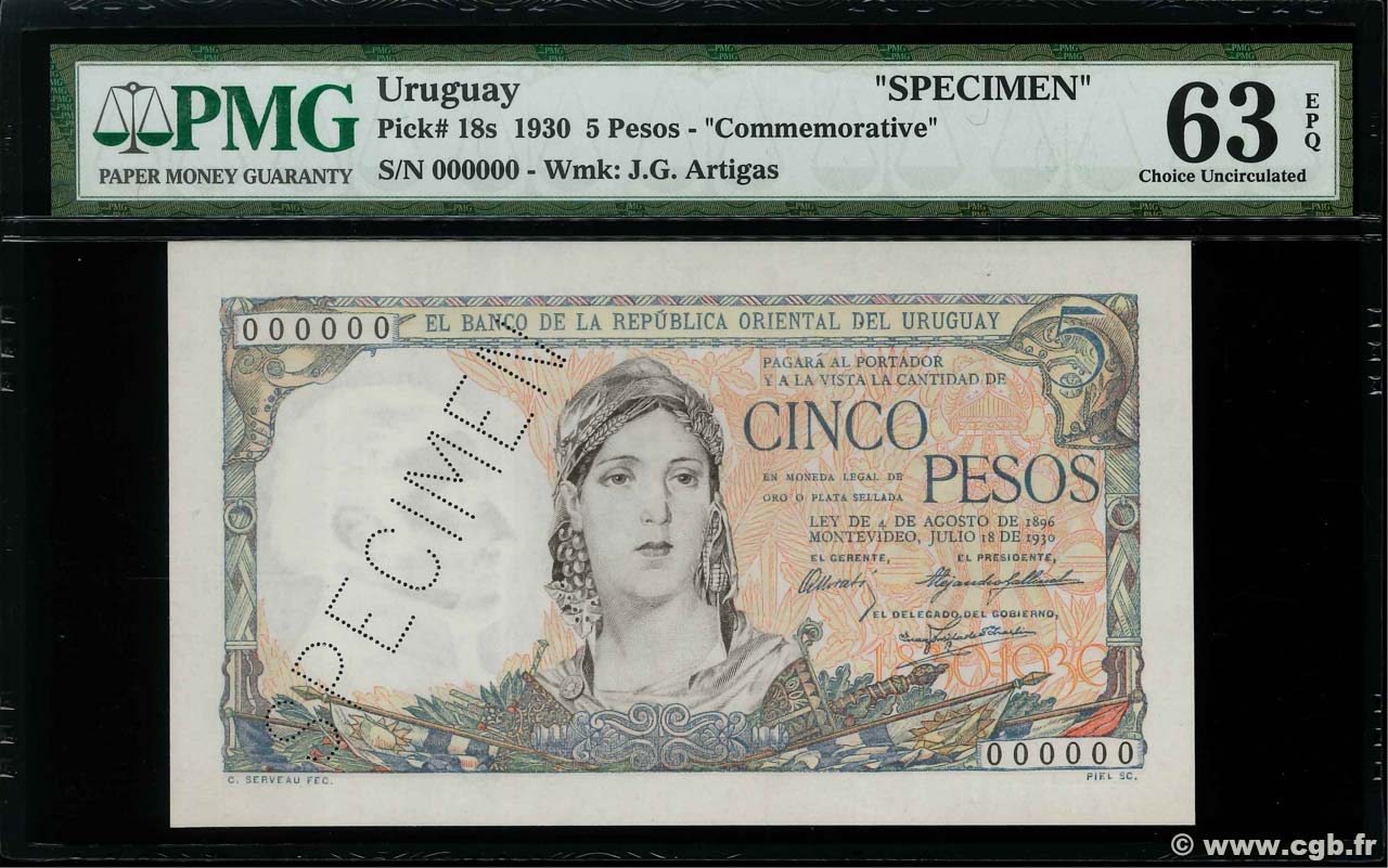 5 Pesos Spécimen URUGUAY  1930 P.018s q.FDC