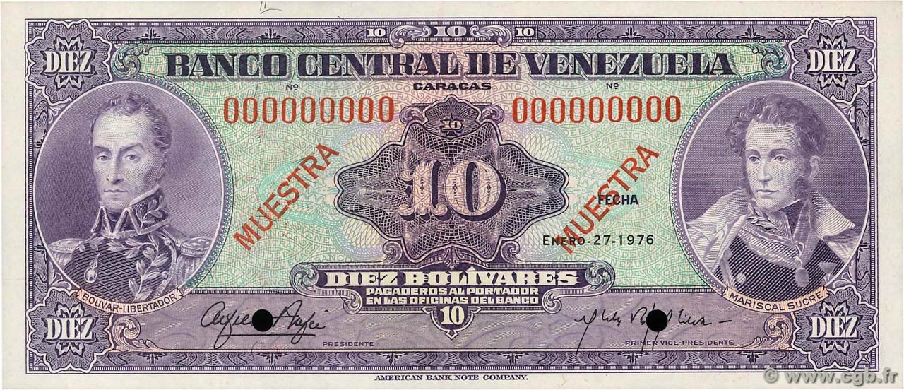 10 Bolivares Spécimen VENEZUELA  1976 P.051s2 UNC