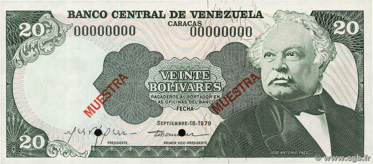 20 Bolivares Spécimen VENEZUELA  1979 P.053s3 SC+