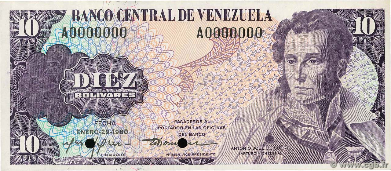 10 Bolivares Spécimen VENEZUELA  1980 P.057s1 AU