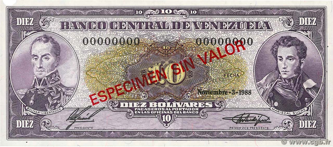 10 Bolivares Spécimen VENEZUELA  1988 P.062s VZ