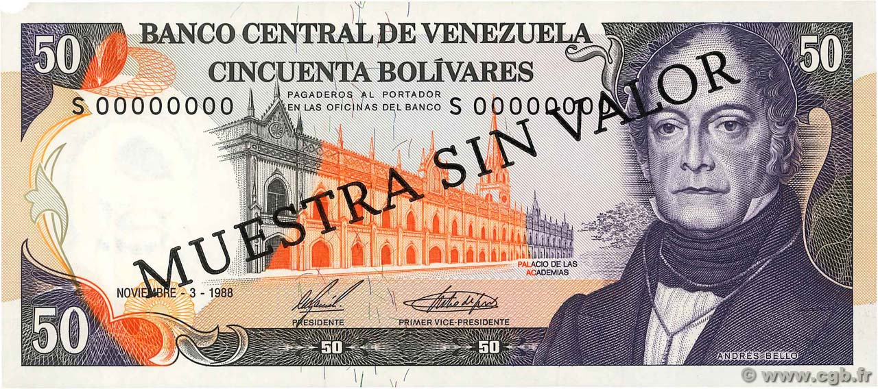 50 Bolivares Spécimen VENEZUELA  1988 P.065bs EBC