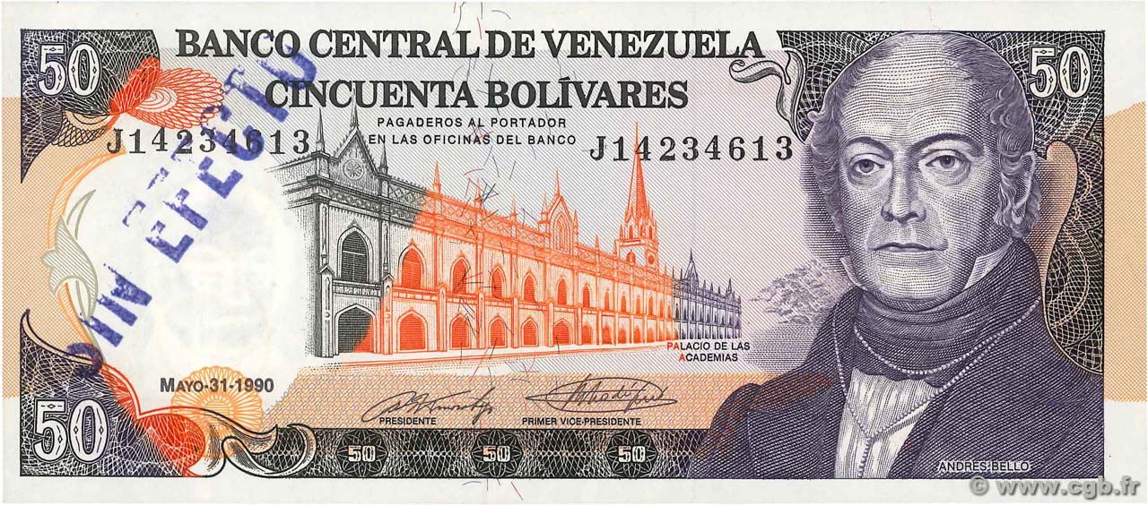 50 Bolivares Annulé VENEZUELA  1990 P.065cs fST+