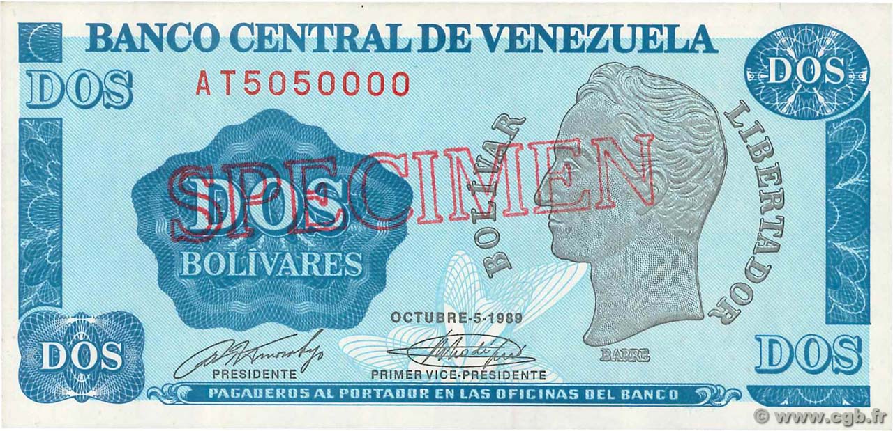 2 Bolivares Spécimen VENEZUELA  1989 P.069s UNC