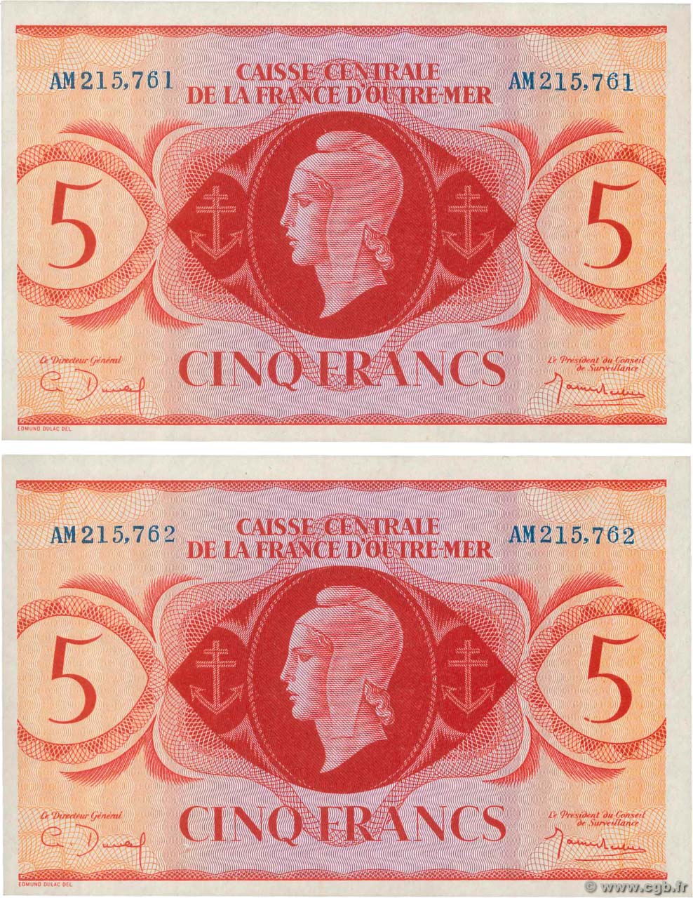 5 Francs Consécutifs FRENCH EQUATORIAL AFRICA  1943 P.15a UNC-