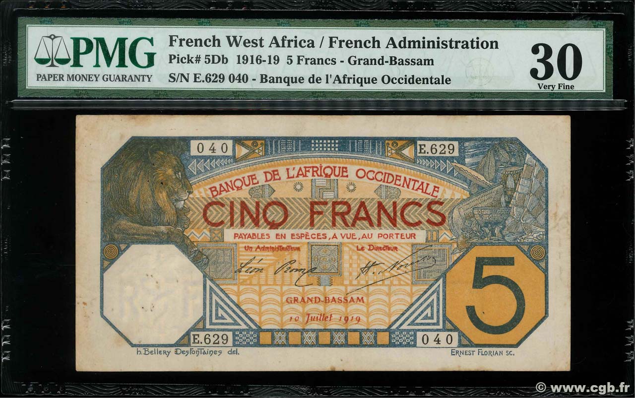 5 Francs GRAND-BASSAM FRENCH WEST AFRICA Grand-Bassam 1919 P.05Db SS