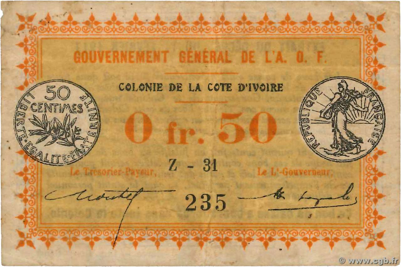 50 Centimes COSTA D AVORIO  1917 P.01b q.BB