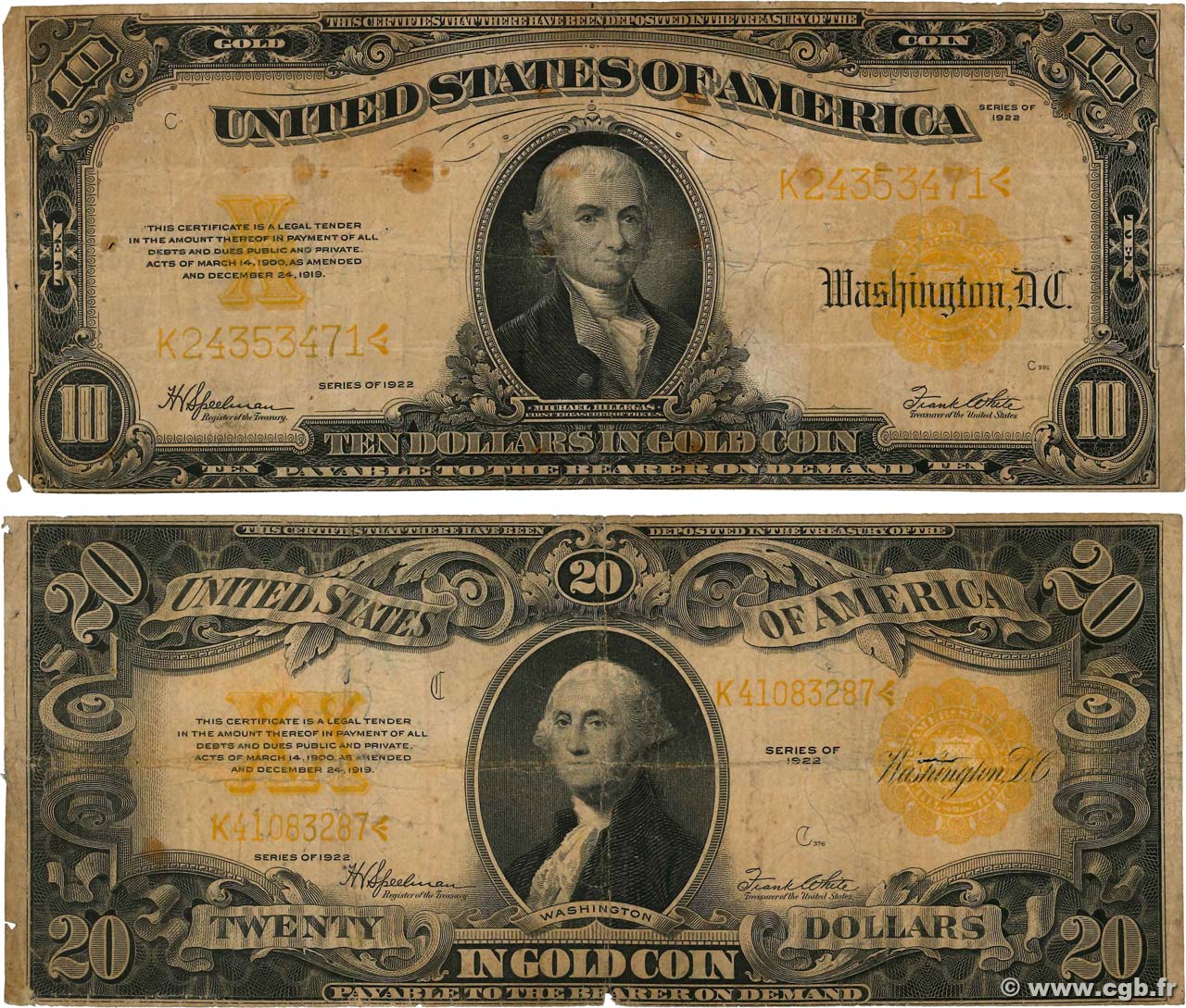 10 et 20 Dollars Lot STATI UNITI D AMERICA  1922 P.274 et P.275 B