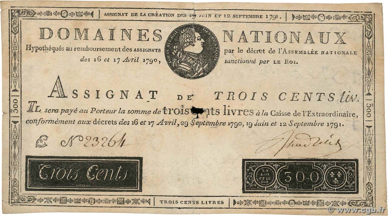 300 Livres Faux FRANCE  1791 Ass.18f VG
