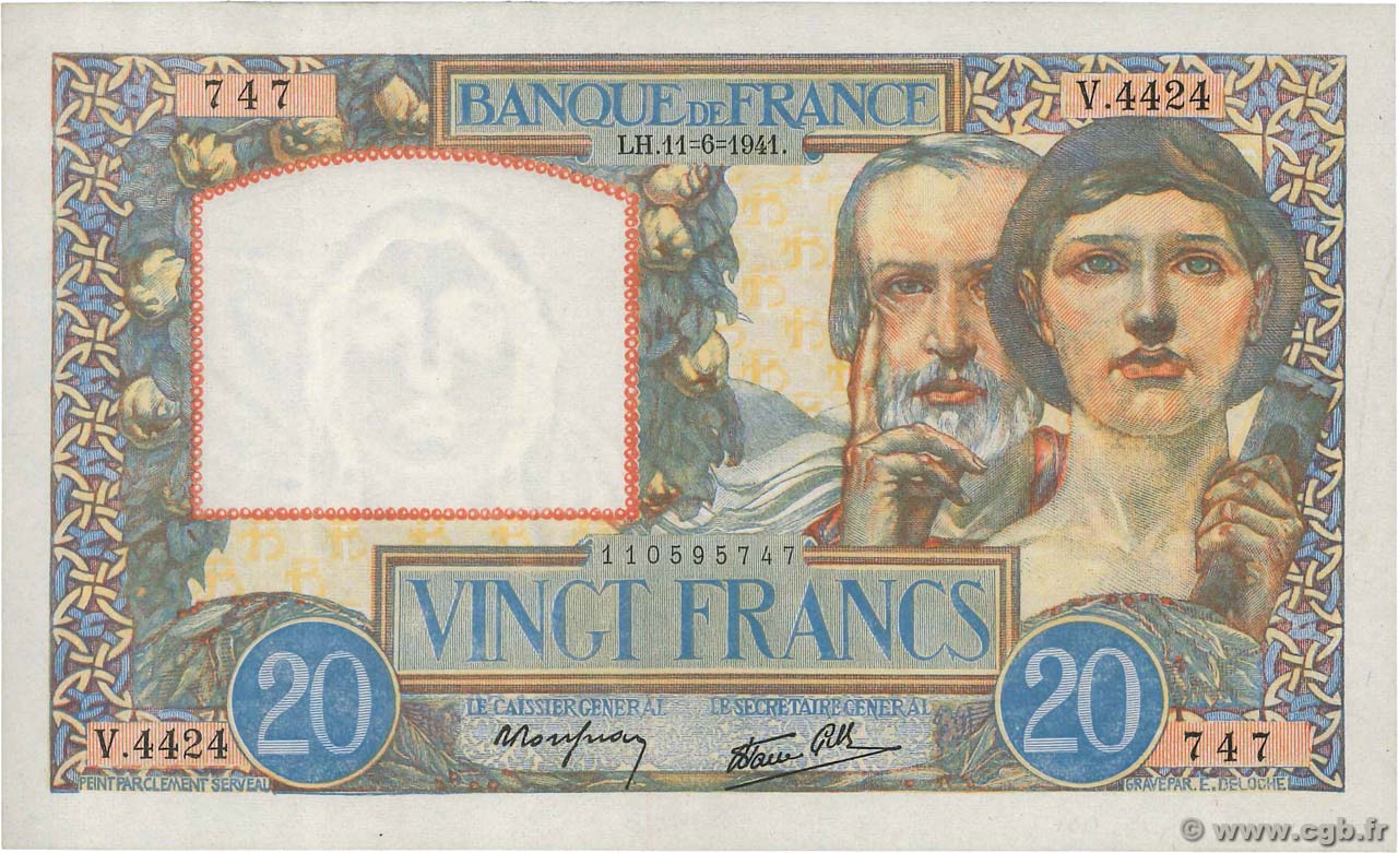 20 Francs TRAVAIL ET SCIENCE FRANCE  1941 F.12.15 SUP