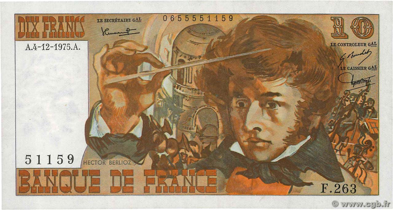 10 Francs BERLIOZ FRANCE  1975 F.63.15 VF+
