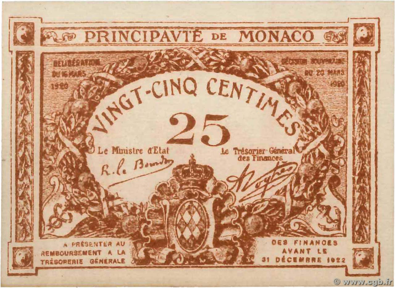 25 Centimes marron MONACO  1920 P.01a q.FDC