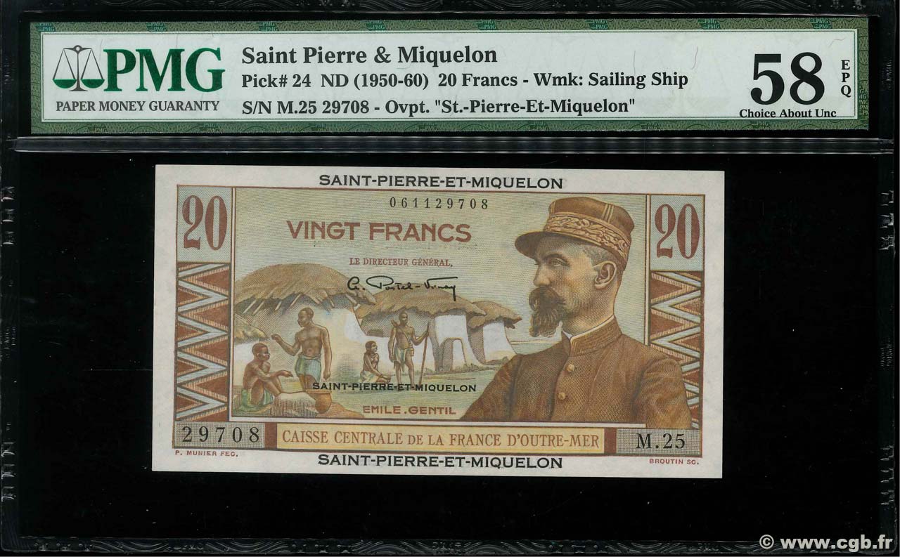 20 Francs Émile Gentil SAINT PIERRE E MIQUELON  1946 P.24 AU