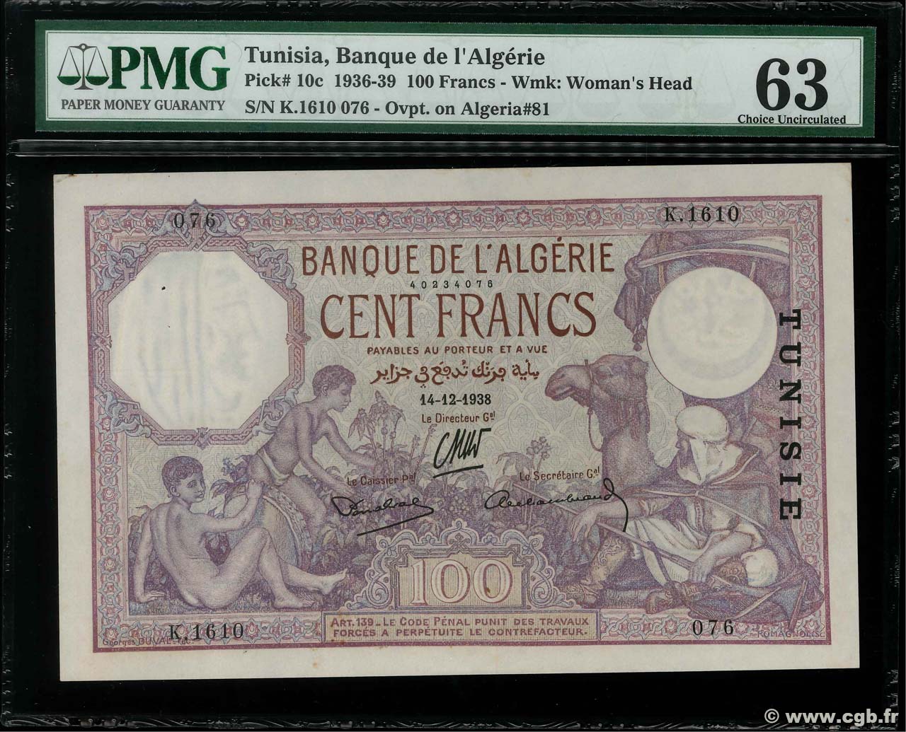 100 Francs TUNESIEN  1938 P.10c fST+