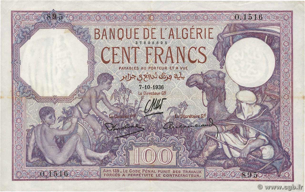 100 Francs ALGERIA  1936 P.081b VF