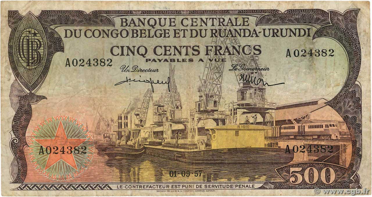 500 Francs BELGA CONGO  1957 P.34 RC+