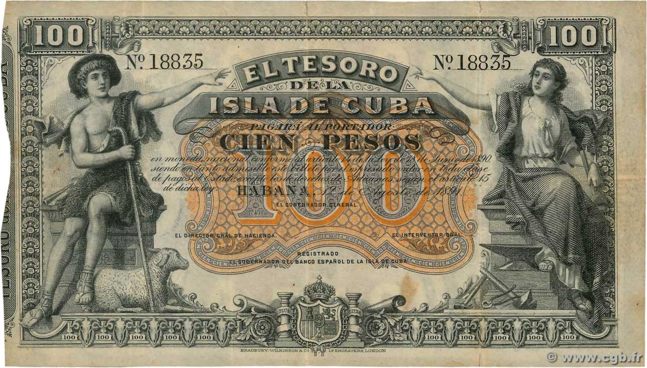 100 Pesos CUBA  1891 P.043r VF-