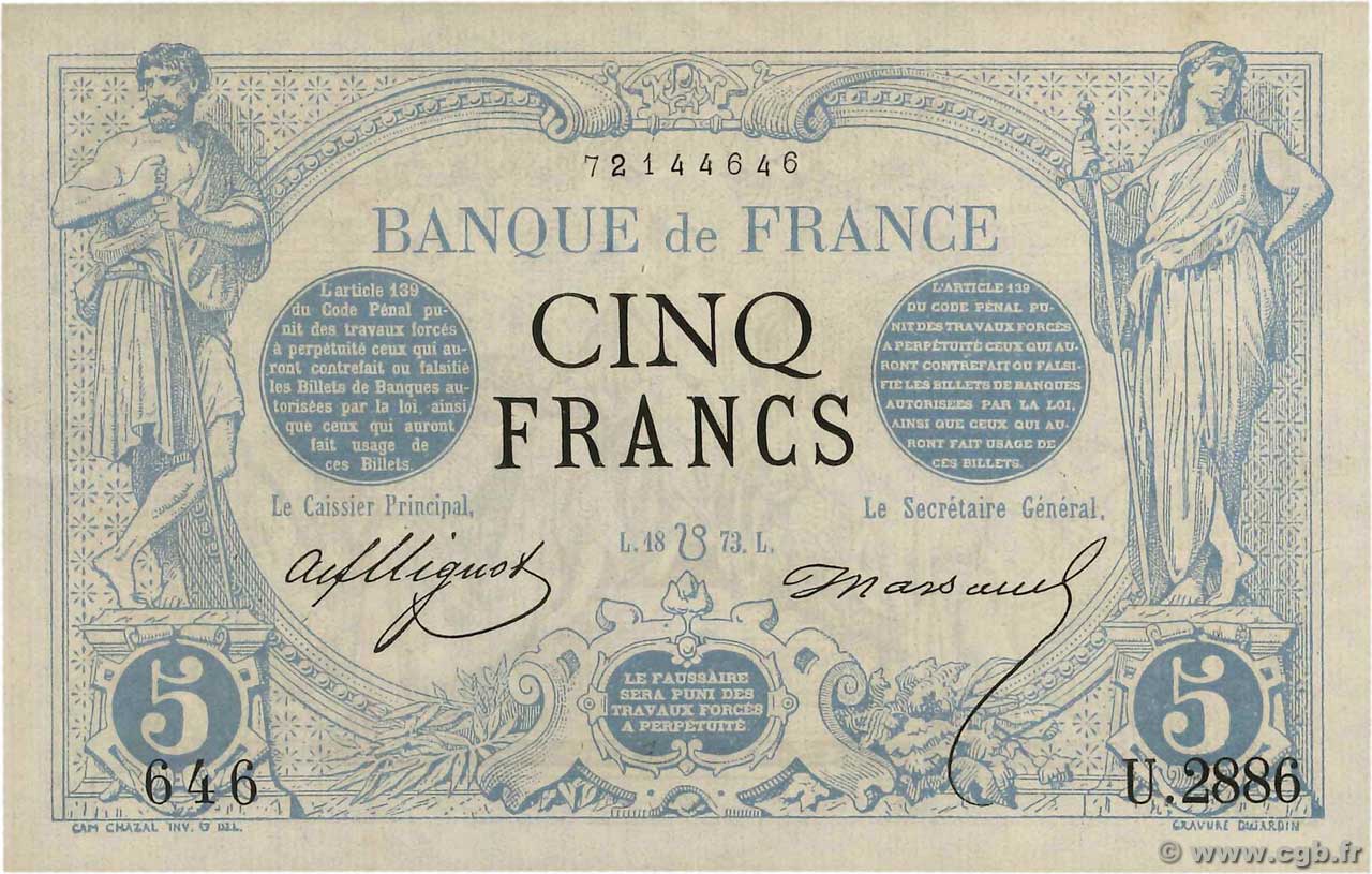 5 Francs NOIR FRANCE  1873 F.01.20 AU
