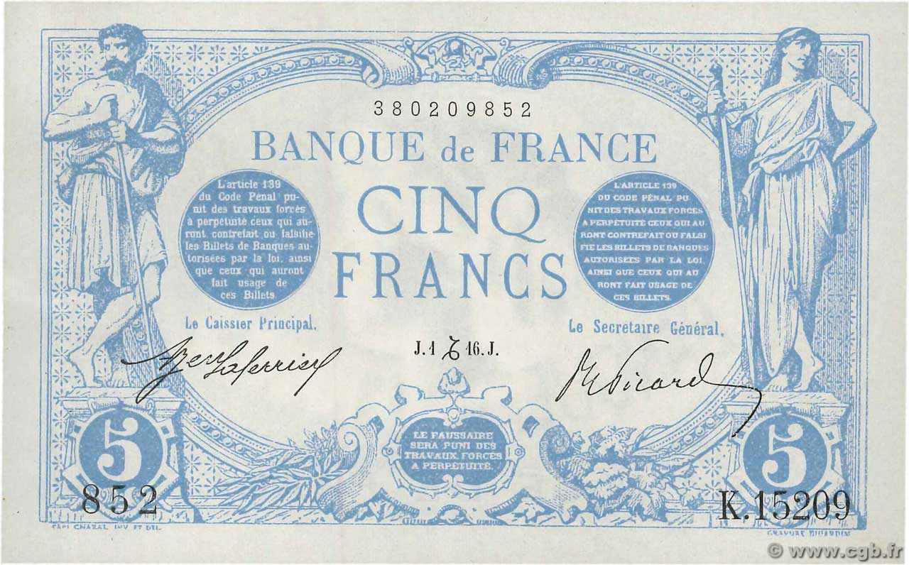 5 Francs BLEU FRANKREICH  1916 F.02.46 fST+