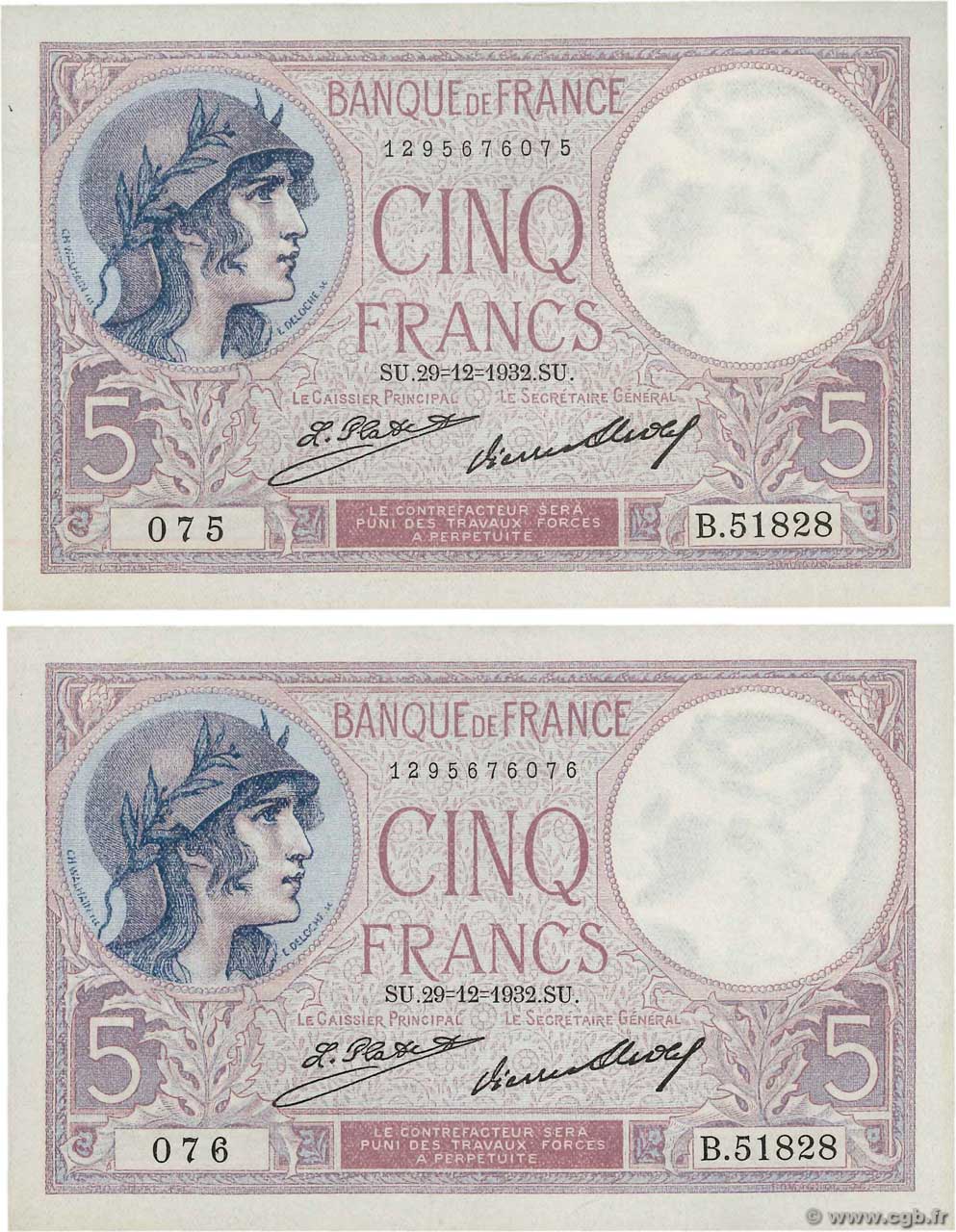 5 Francs FEMME CASQUÉE Consécutifs FRANCIA  1932 F.03.16 SC+