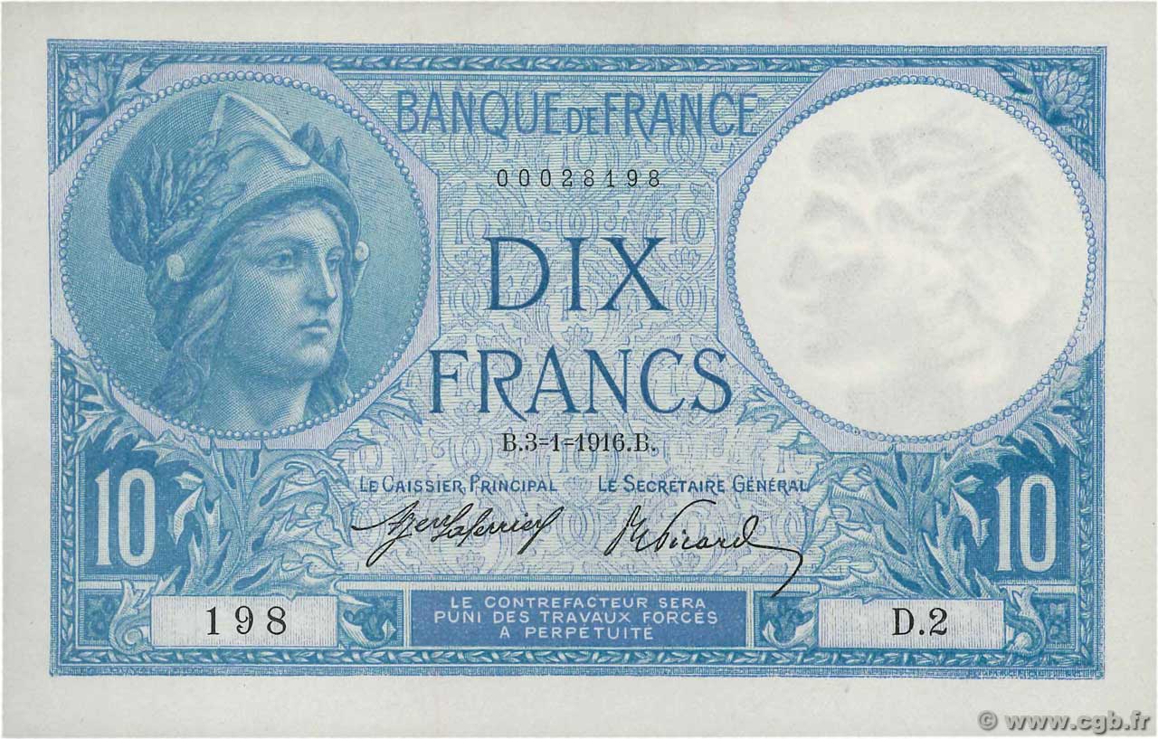 10 Francs MINERVE FRANKREICH  1916 F.06.01 fST+