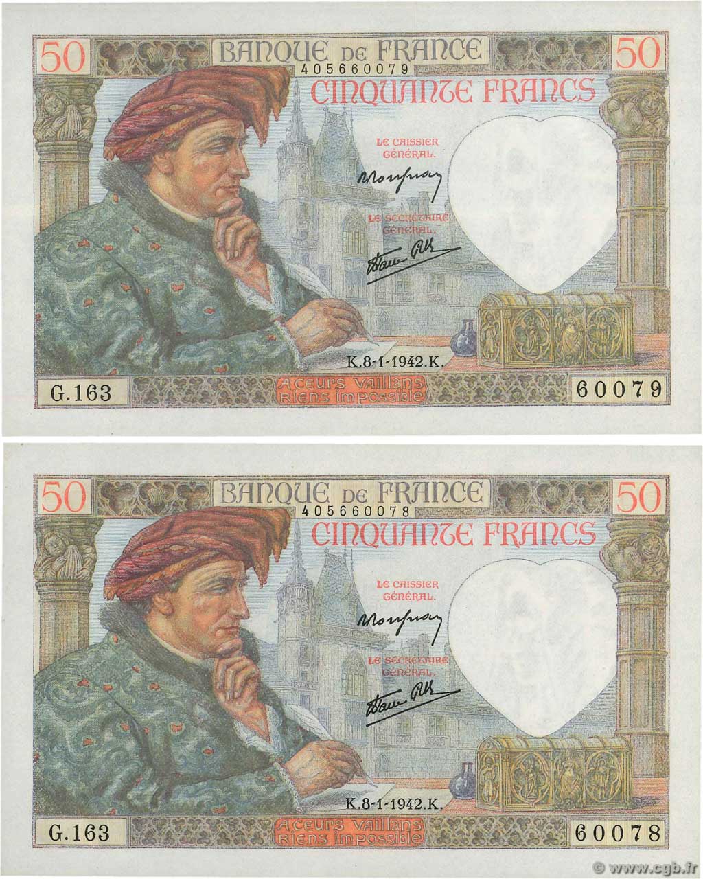50 Francs JACQUES CŒUR Consécutifs FRANCE  1942 F.19.18 UNC