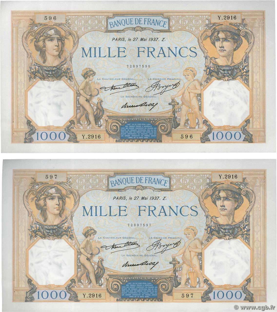 1000 Francs CÉRÈS ET MERCURE Consécutifs FRANCIA  1937 F.37.10 EBC+