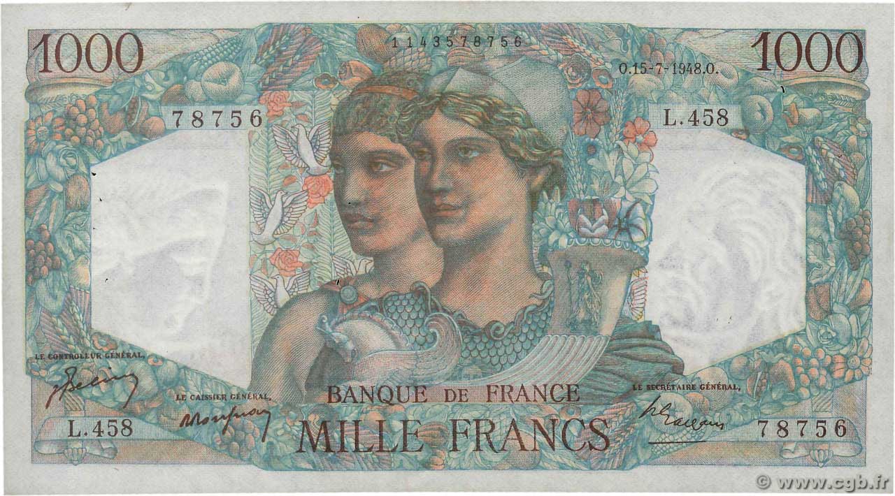 1000 Francs MINERVE ET HERCULE Faux FRANCE  1948 F.41.22x TTB+