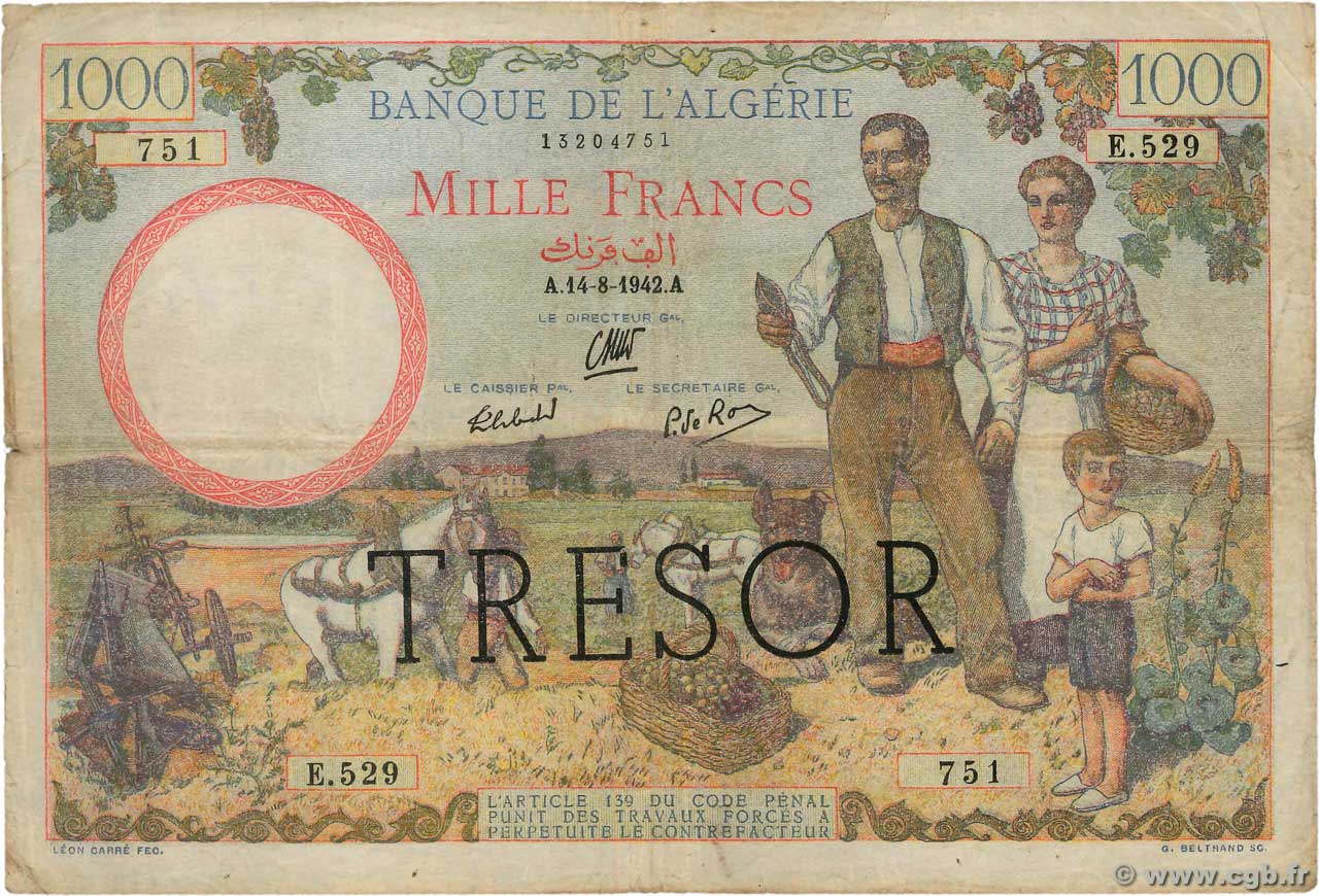 1000 Francs ALGÉRIE FRANCE  1942 VF.10.02 F+
