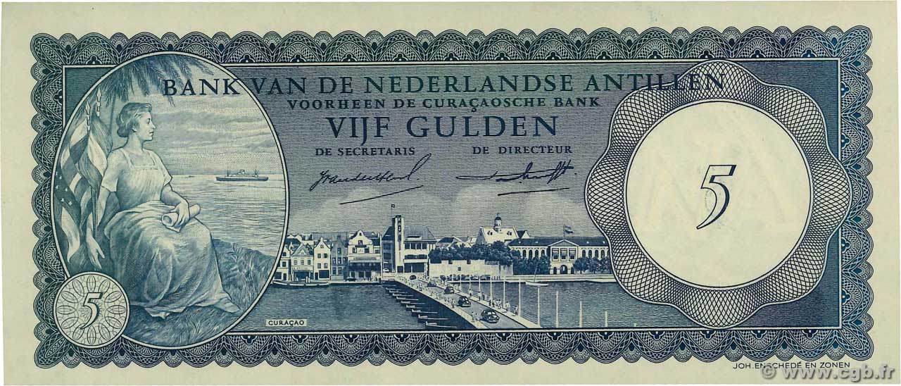 5 Gulden NETHERLANDS ANTILLES  1962 P.01a UNC