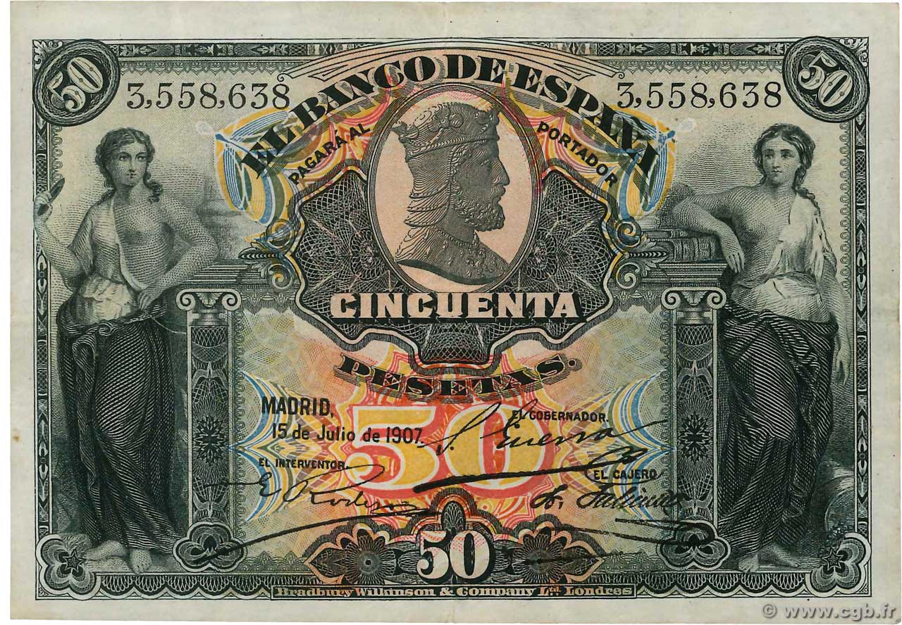 50 Pesetas SPANIEN  1907 P.063a SS
