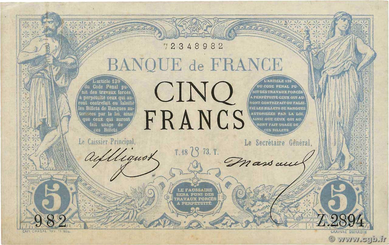 5 Francs NOIR FRANKREICH  1873 F.01.20 VZ+