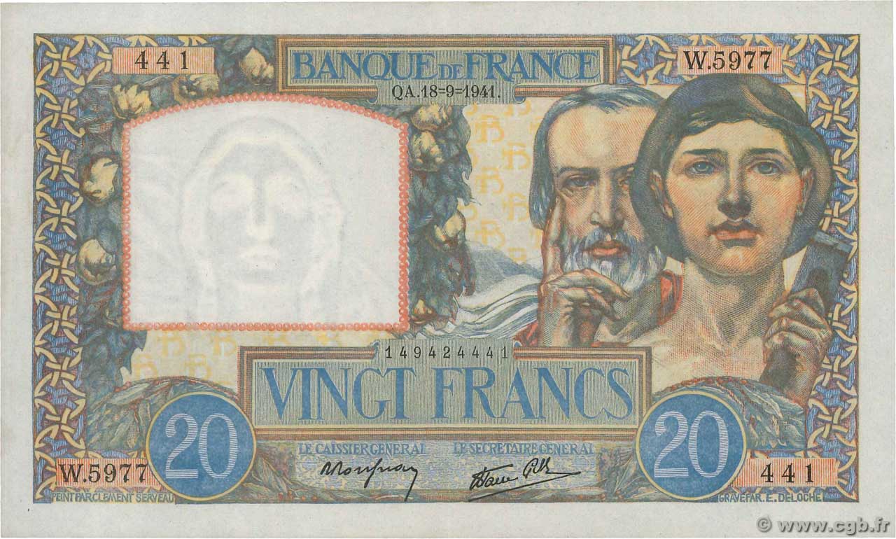 20 Francs TRAVAIL ET SCIENCE FRANKREICH  1941 F.12.18 VZ