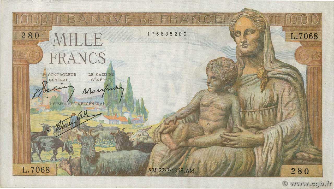 1000 Francs DÉESSE DÉMÉTER FRANCIA  1943 F.40.31 MBC+
