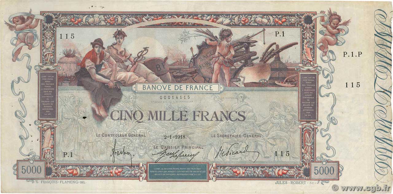 5000 Francs FLAMENG FRANCE  1918 F.43.01 VF-