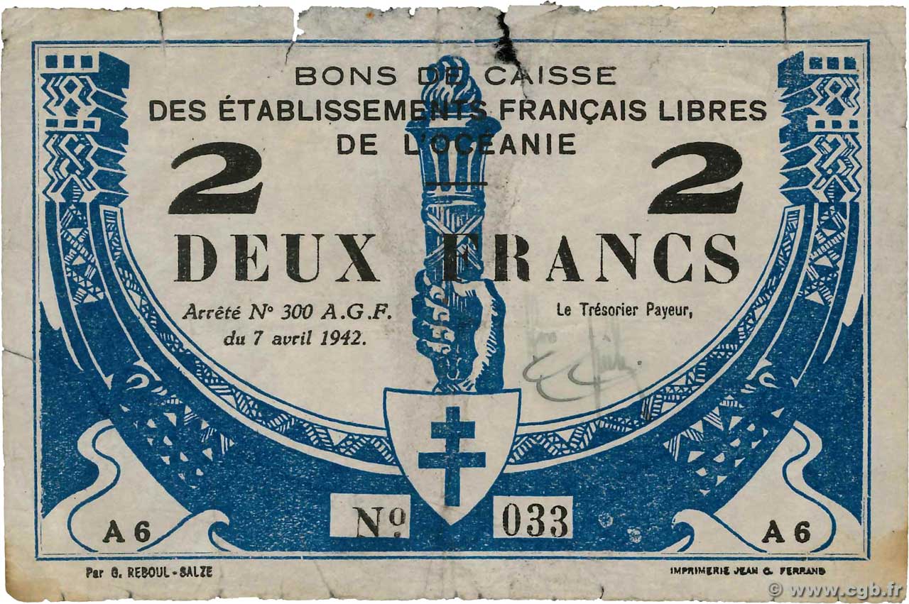 2 Francs OCEANIA  1942 P.09 SGE