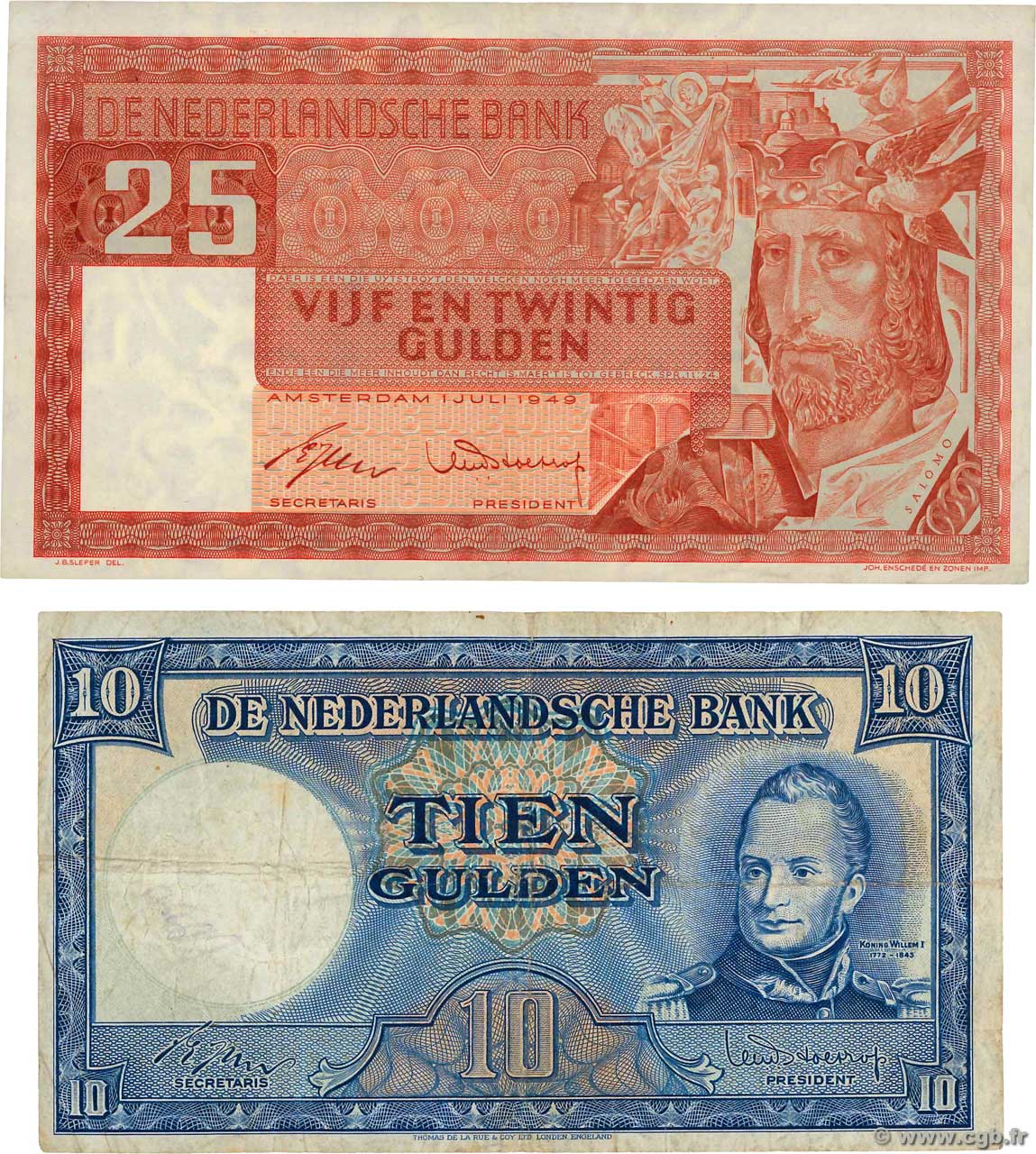10 et 25 Gulden Lot NIEDERLANDE  1949 P.083 et P.084 S to SS