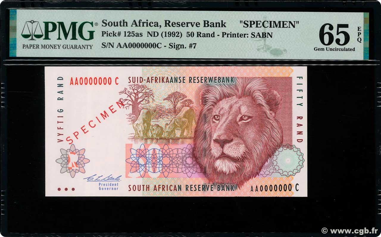 50 Rand Spécimen SUDÁFRICA  1992 P.125as FDC