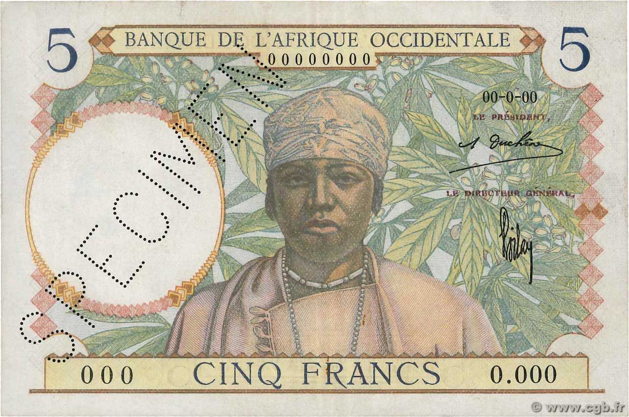 5 Francs Spécimen FRENCH WEST AFRICA  1934 P.21s VF