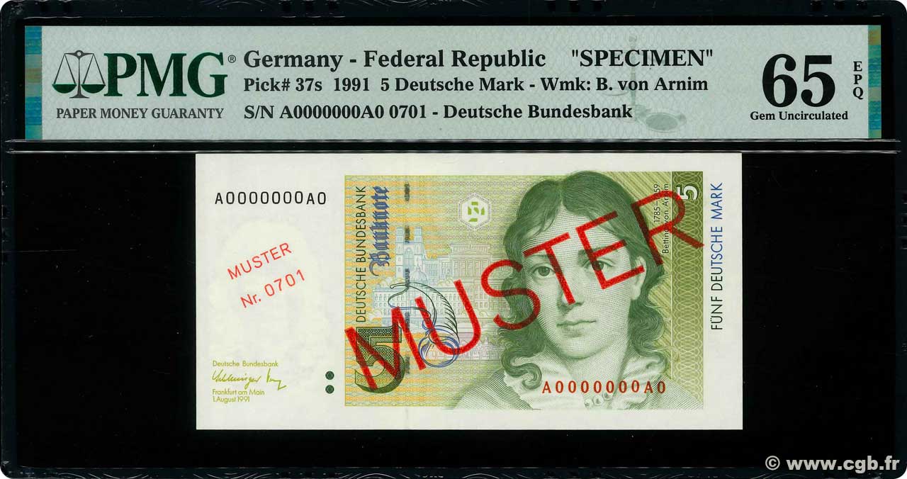 5 Deutsche Mark Spécimen GERMAN FEDERAL REPUBLIC  1991 P.37s FDC