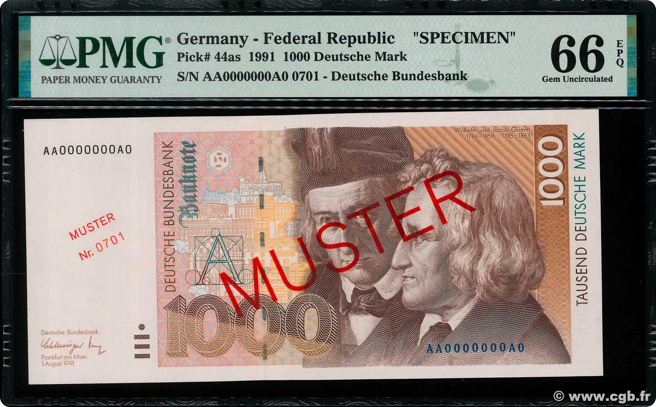 1000 Deutsche Mark Spécimen GERMAN FEDERAL REPUBLIC  1991 P.44as FDC