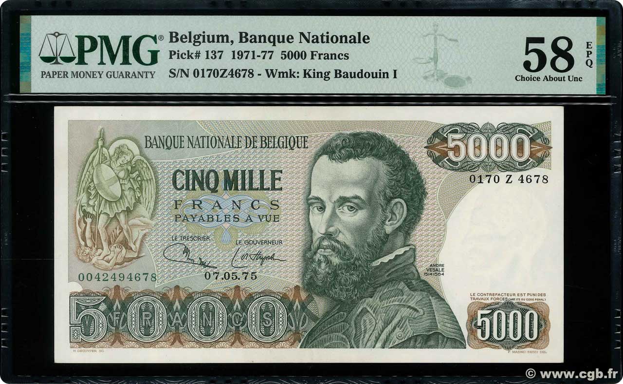 5000 Francs BELGIO  1975 P.137a SPL