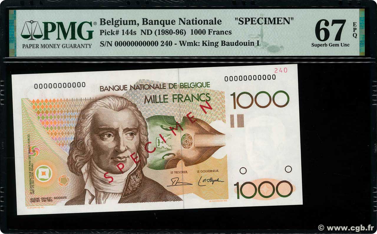 1000 Francs Spécimen BELGIUM  1980 P.144s UNC