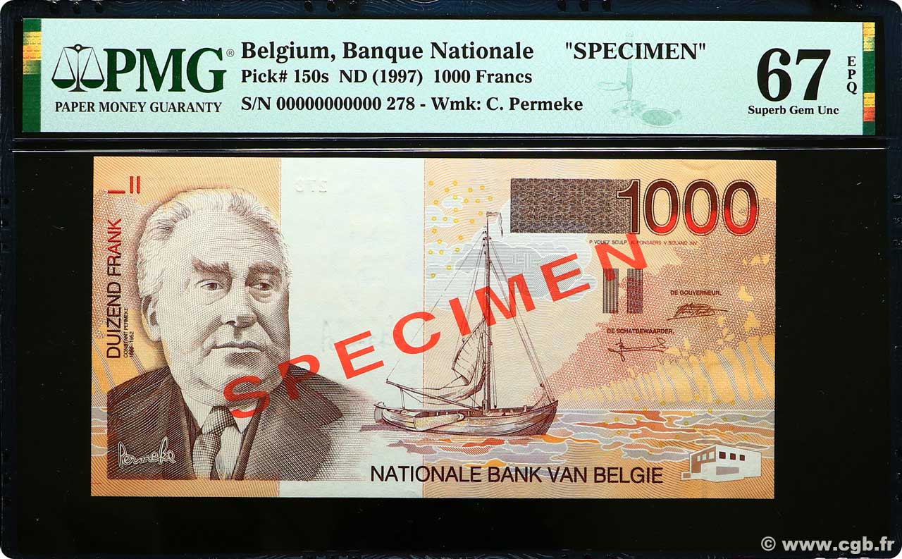 1000 Francs Spécimen BELGIEN  1997 P.150s ST