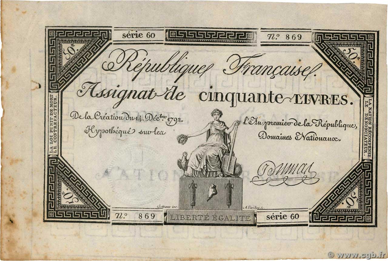 50 Livres FRANKREICH  1792 Ass.39a fST