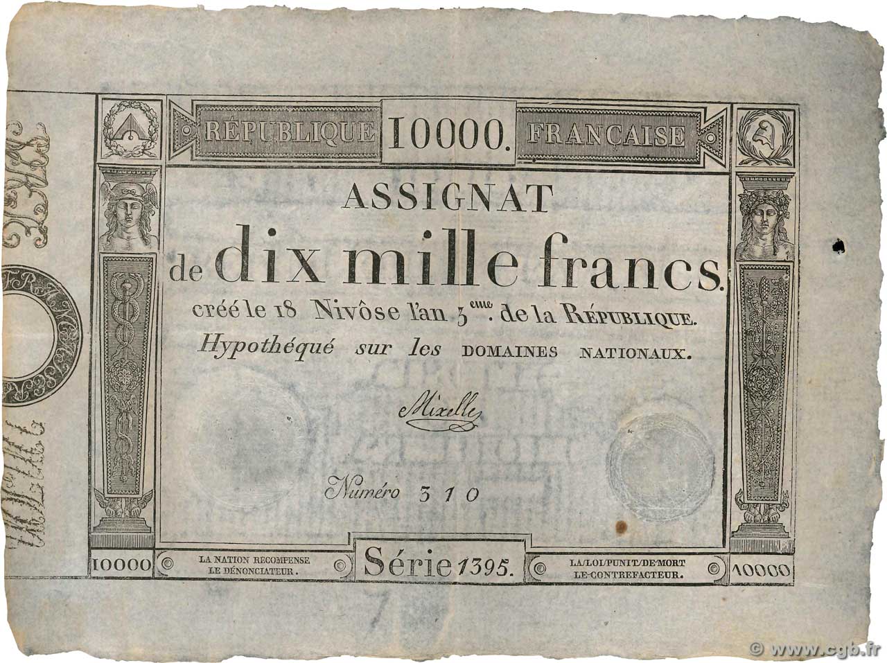 10000 Francs FRANCE  1795 Ass.52a XF-