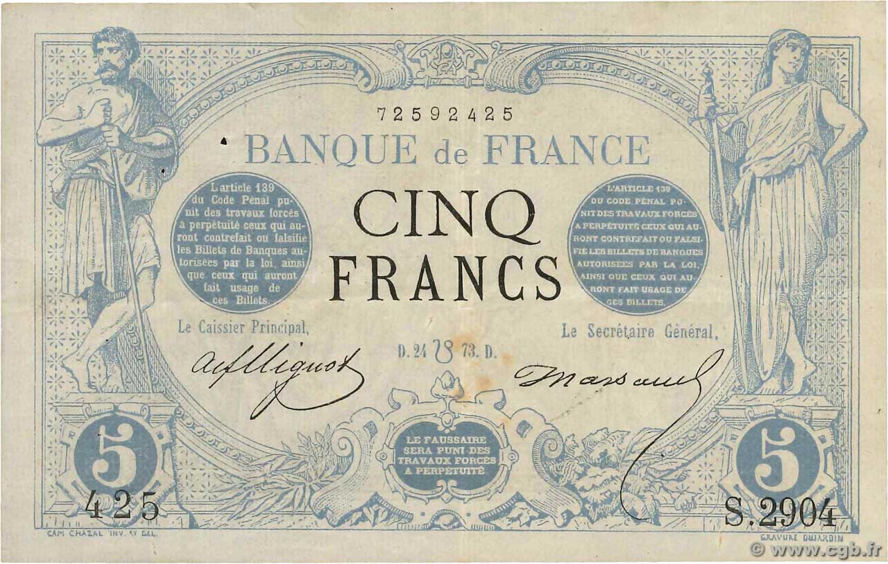5 Francs NOIR FRANCIA  1873 F.01.20 q.SPL