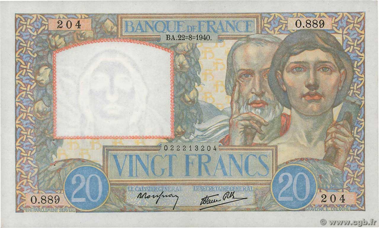 20 Francs TRAVAIL ET SCIENCE FRANCE  1940 F.12.06 SUP+