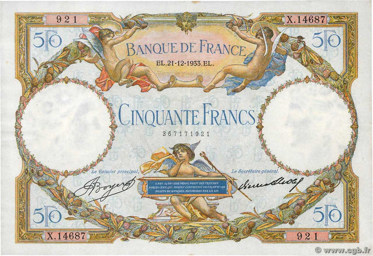 50 Francs LUC OLIVIER MERSON type modifié FRANCIA  1933 F.16.04 MBC+