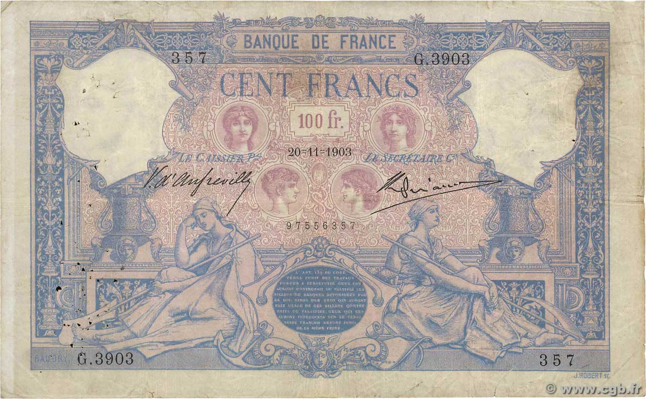 100 Francs BLEU ET ROSE FRANCE  1903 F.21.17 TB+